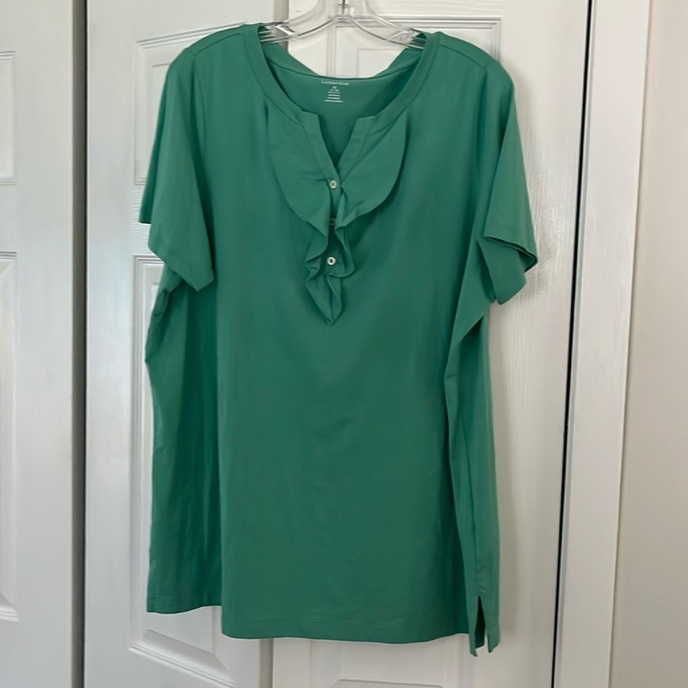 COPY - Lands End green short sleeve tunic top with a ruffle neckline 1X NWOT